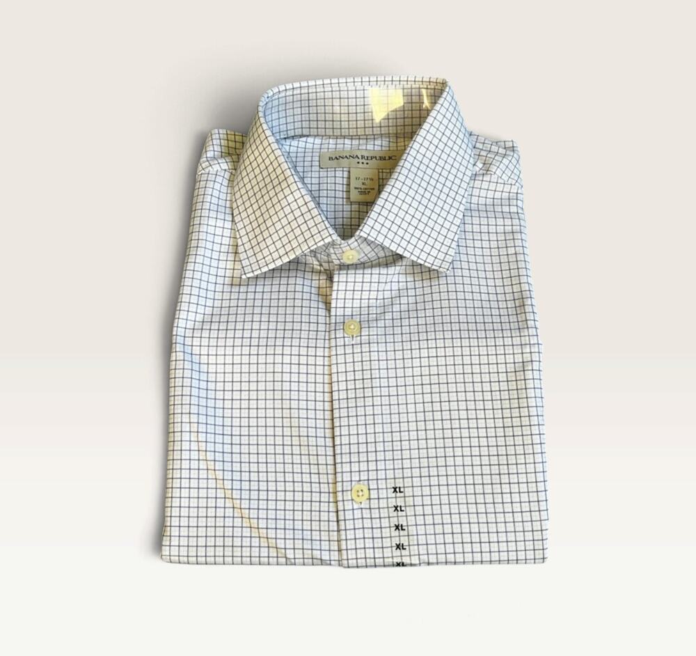 New Banana Republic Men's Dress Shirt - White & Navy Check - Size XL (17-17.5)